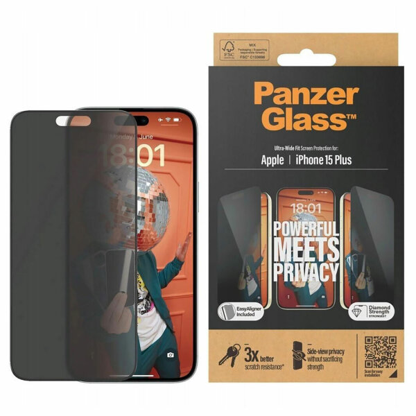 PanzerGlass Privacy Displayschutz für Apple iPhone 15 Plus Ultra-Wide Fit mit EasyAligner Neu
