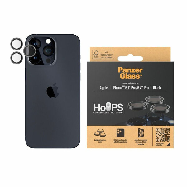 PanzerGlass Hoops Schwarzes Metall Kameraschutz für Apple iPhone 15 Pro | 15 Pro Max Neu